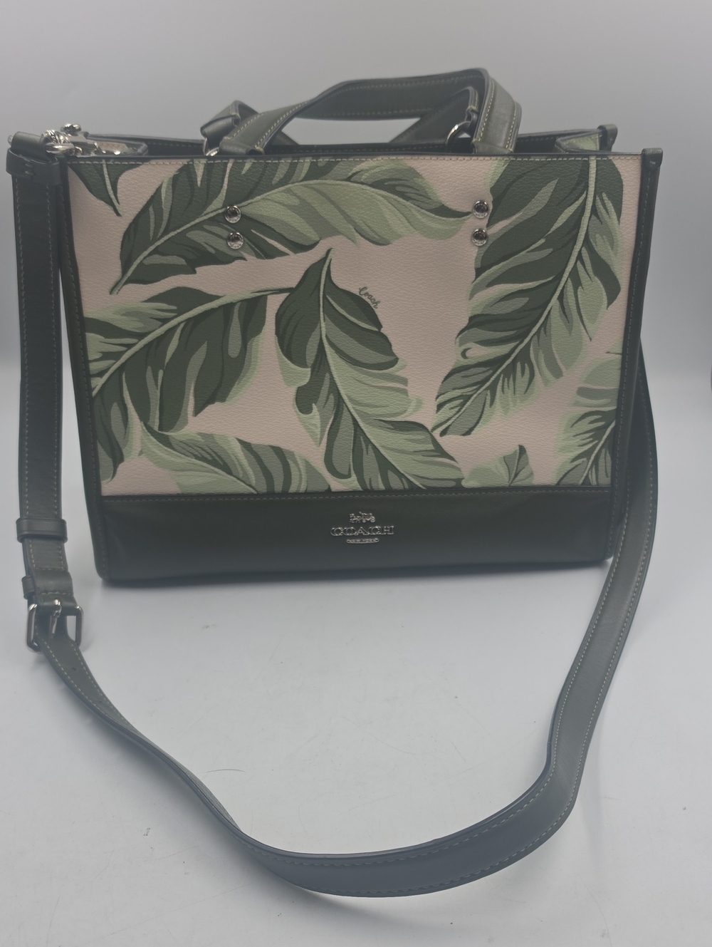 Coach Green Leaf Print Leather Shoulder Tote